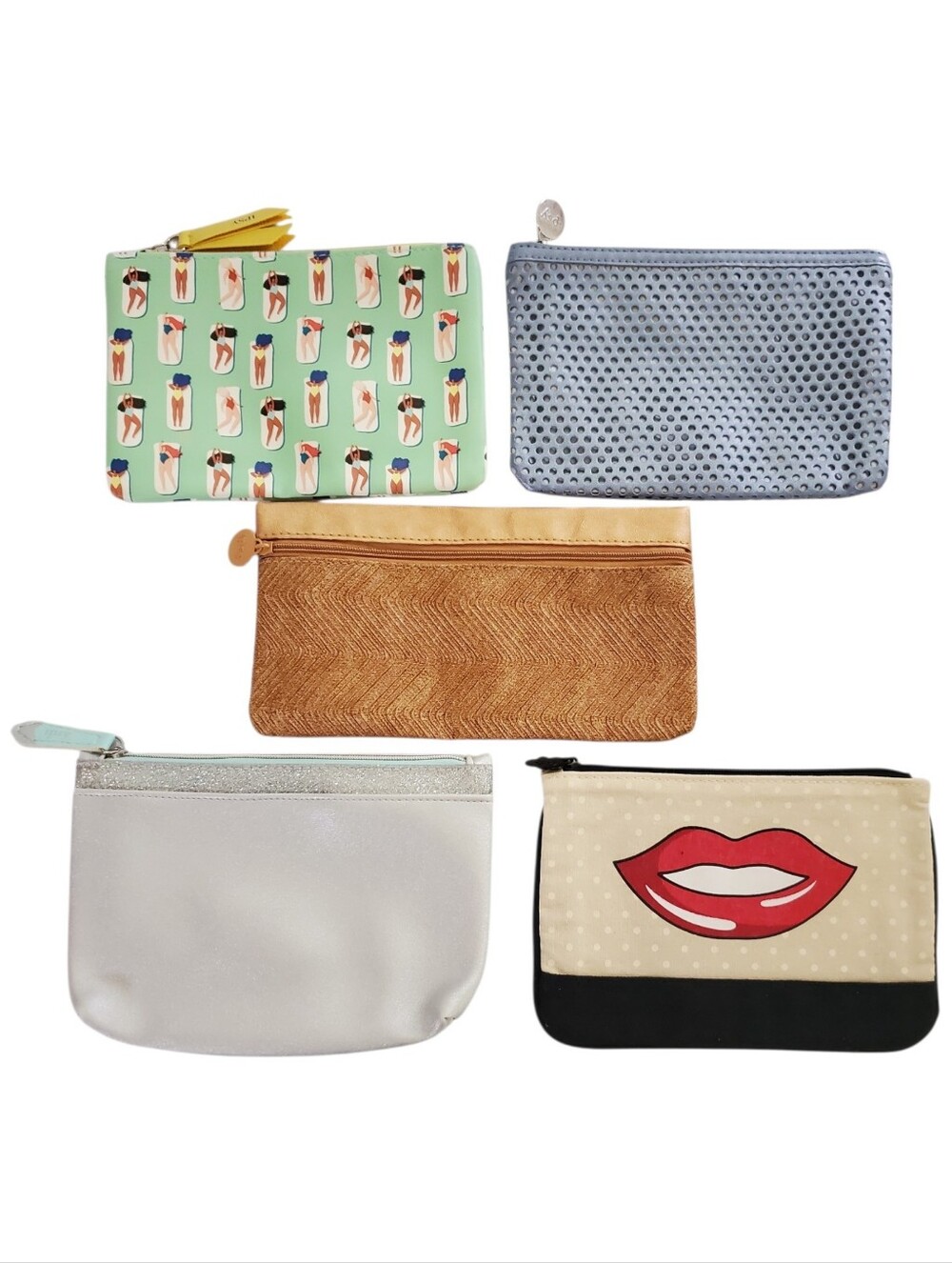 IPSY Bags Set of 5 Assorted Cosmetic Bags Bikini  Girls Mesh Bronze Silver Lips